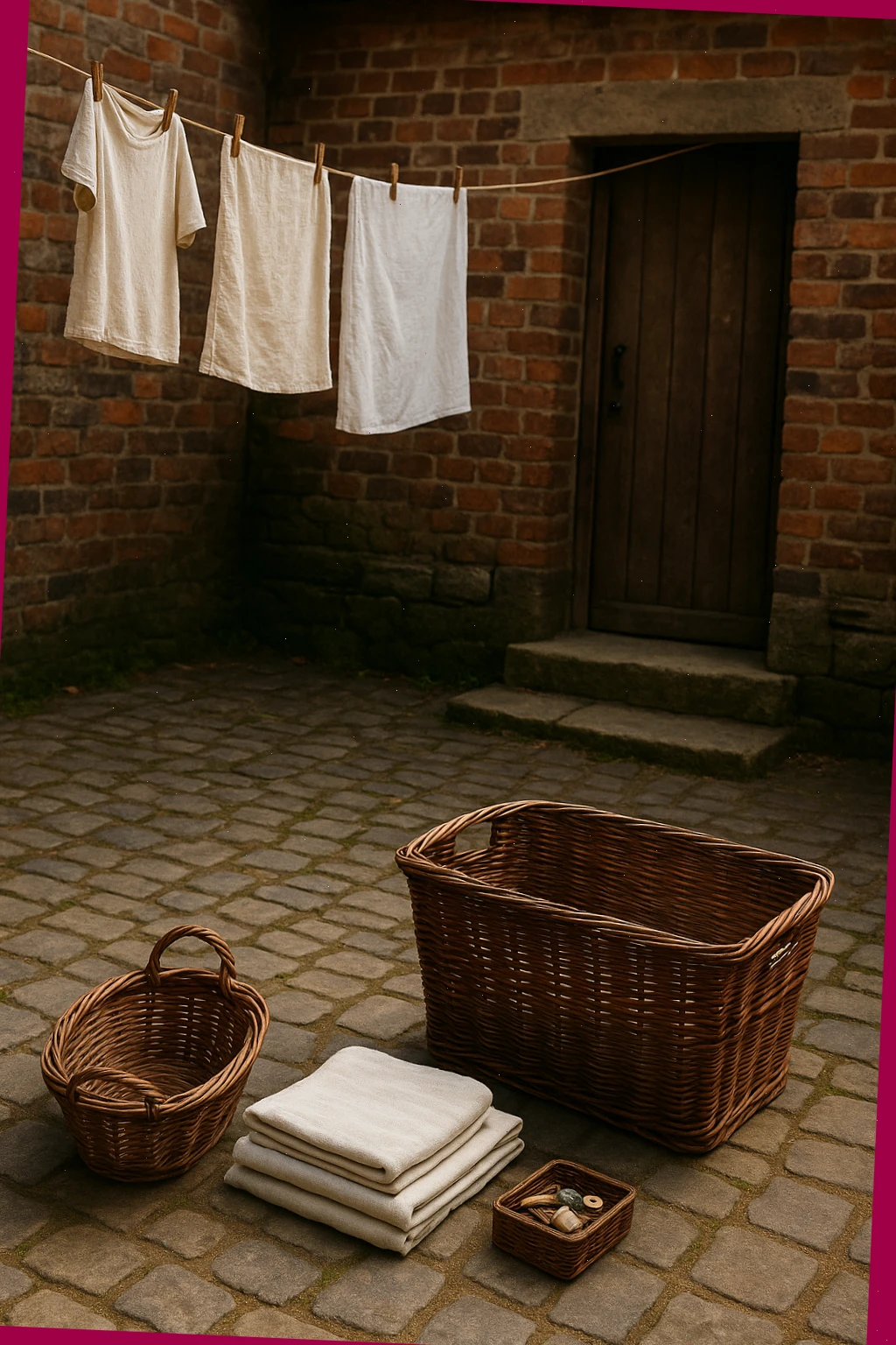 Cobbled yard with a peg line and two baskets waiting by a doorway