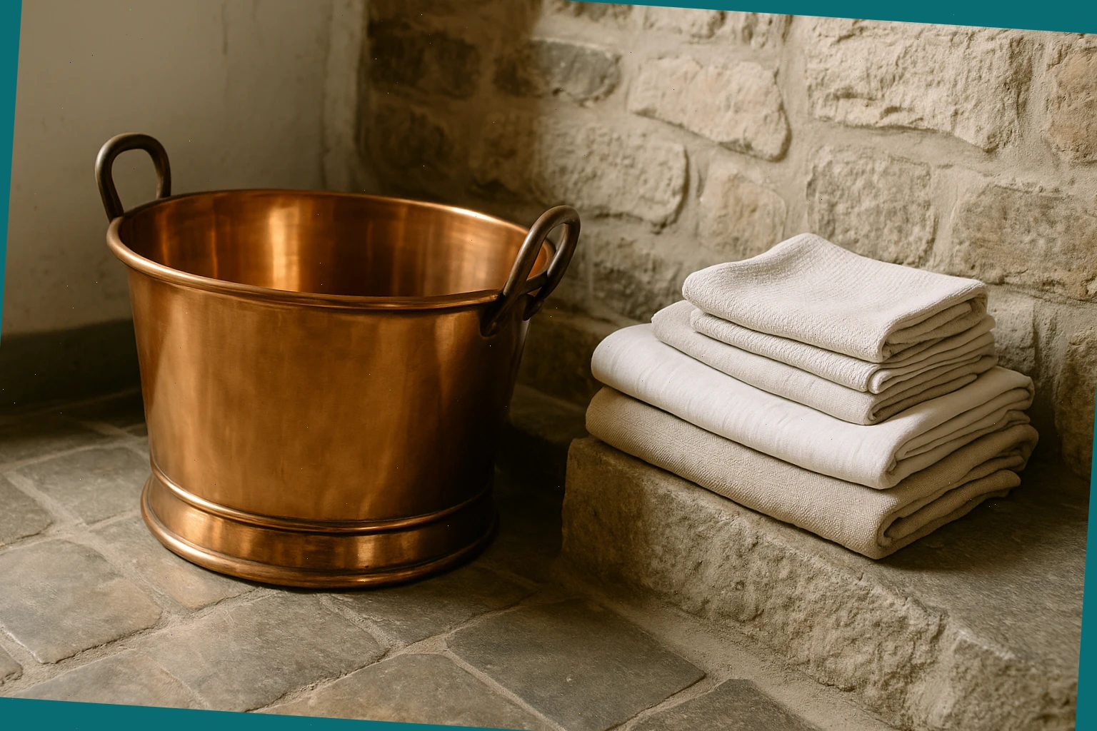 Polished copper washtub beside folded linens in a stone-floor utility room