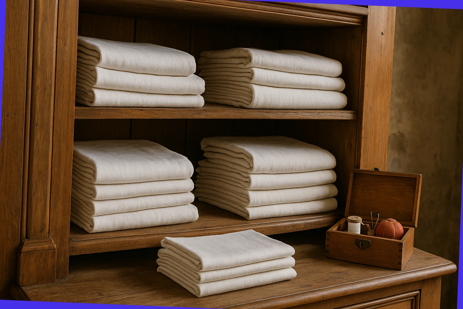 Wooden linen press with neatly stacked cotton and a small sewing kit