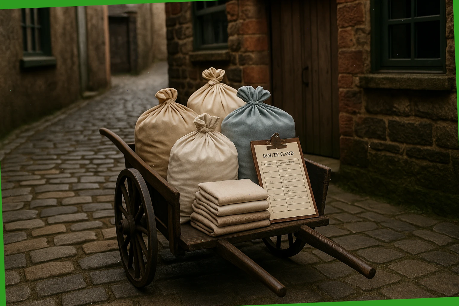 Hand cart along a cobbled lane with sorted laundry bags and route card