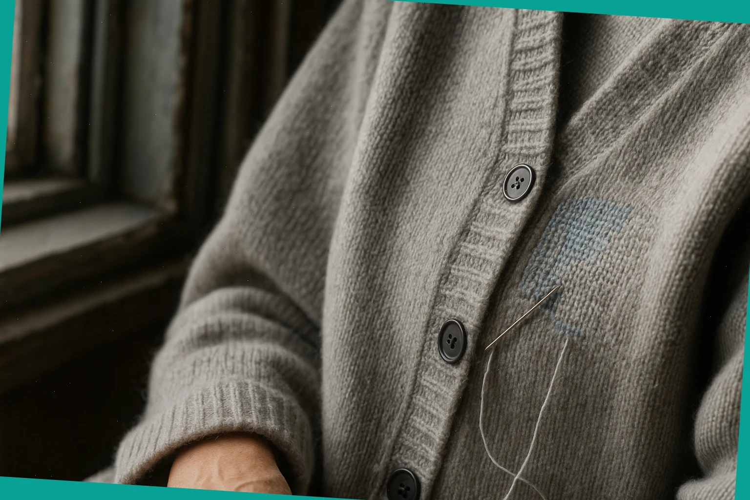 Close view of careful darning on a wool cardigan by a window
